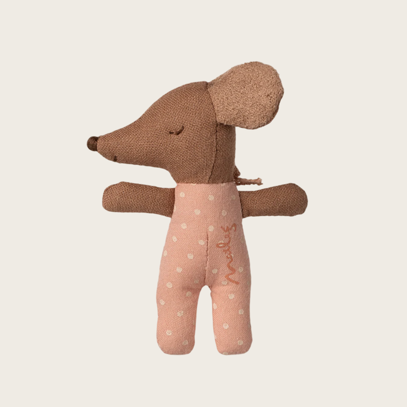 Stuffed mouse toy with 'maileg' branding.