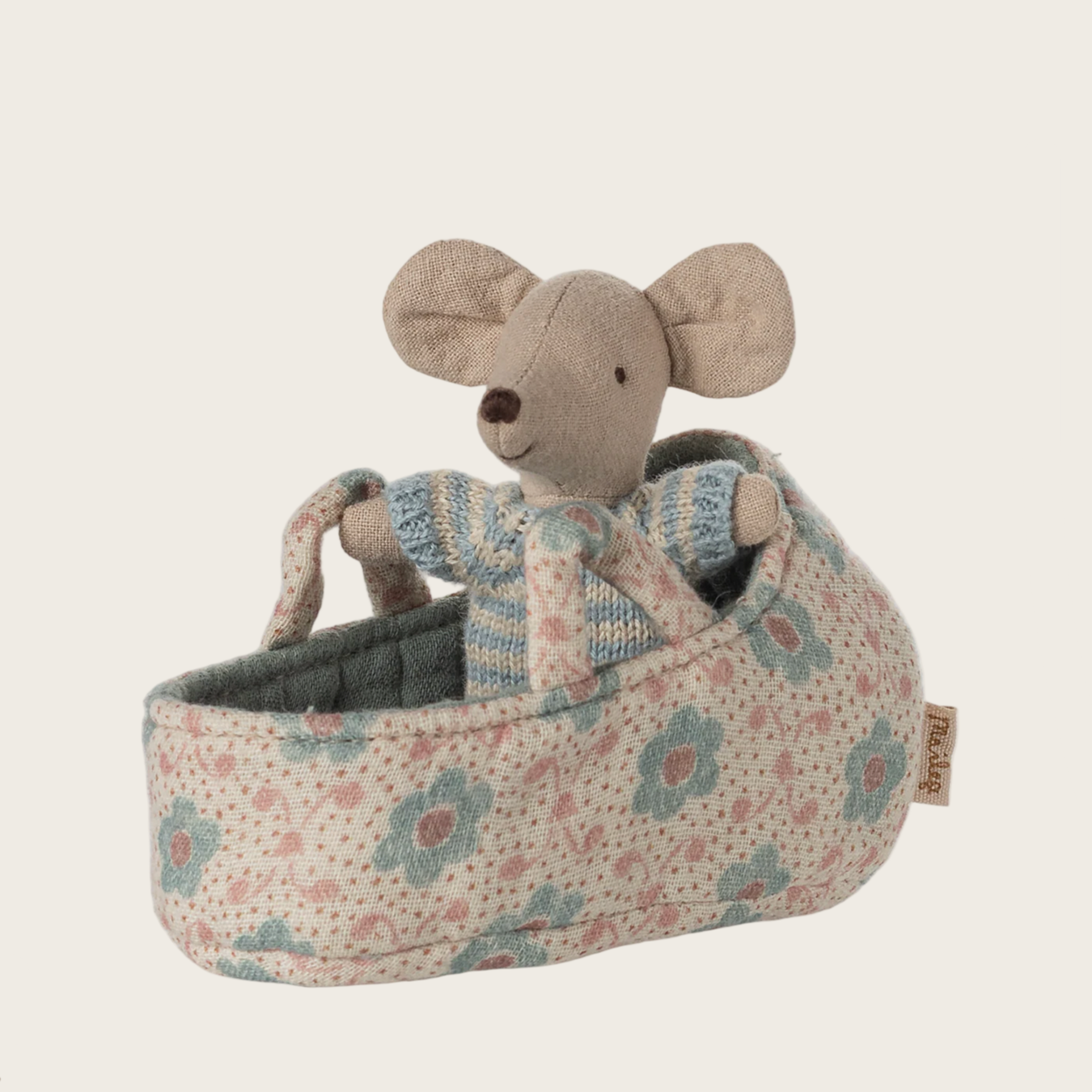 mouse toy in a floral basket with 'Maileg' branding.