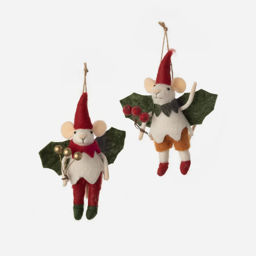 Two decorative mouse ornaments with festive attire on a white background