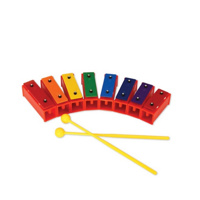 Colorful xylophone with two yellow mallets on a white background