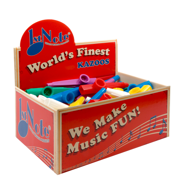 Box of colorful kazoo toys with 'Kazoos' branding on a white background