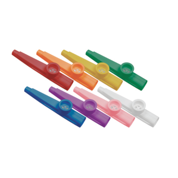 Set of colorful kazoo instruments on a white background