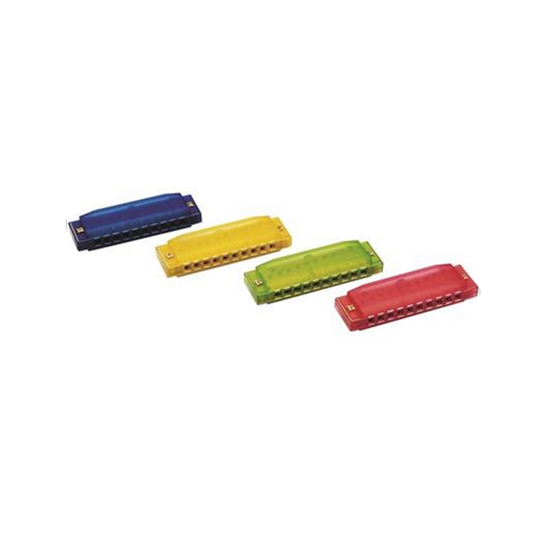 Four colorful harmonicas on a white background