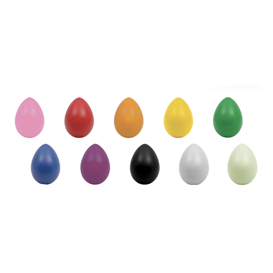 Colorful egg shakers with product details on a white background