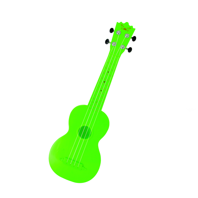 Green ukulele on a white background with a visible brand logo.