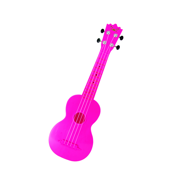 Pink ukulele with product details on a white background