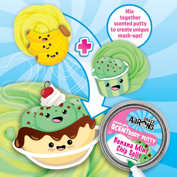 Aarons Scenior Putty packaging with colorful ice cream and cookie designs on a blue background