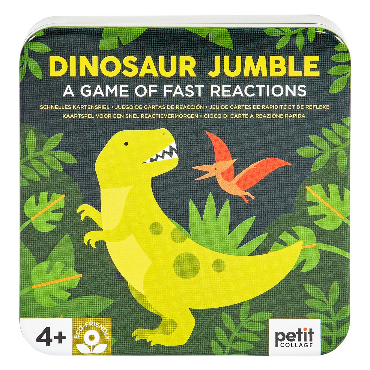 Dinosaur-themed game box with colorful dinosaurs on a green leafy background