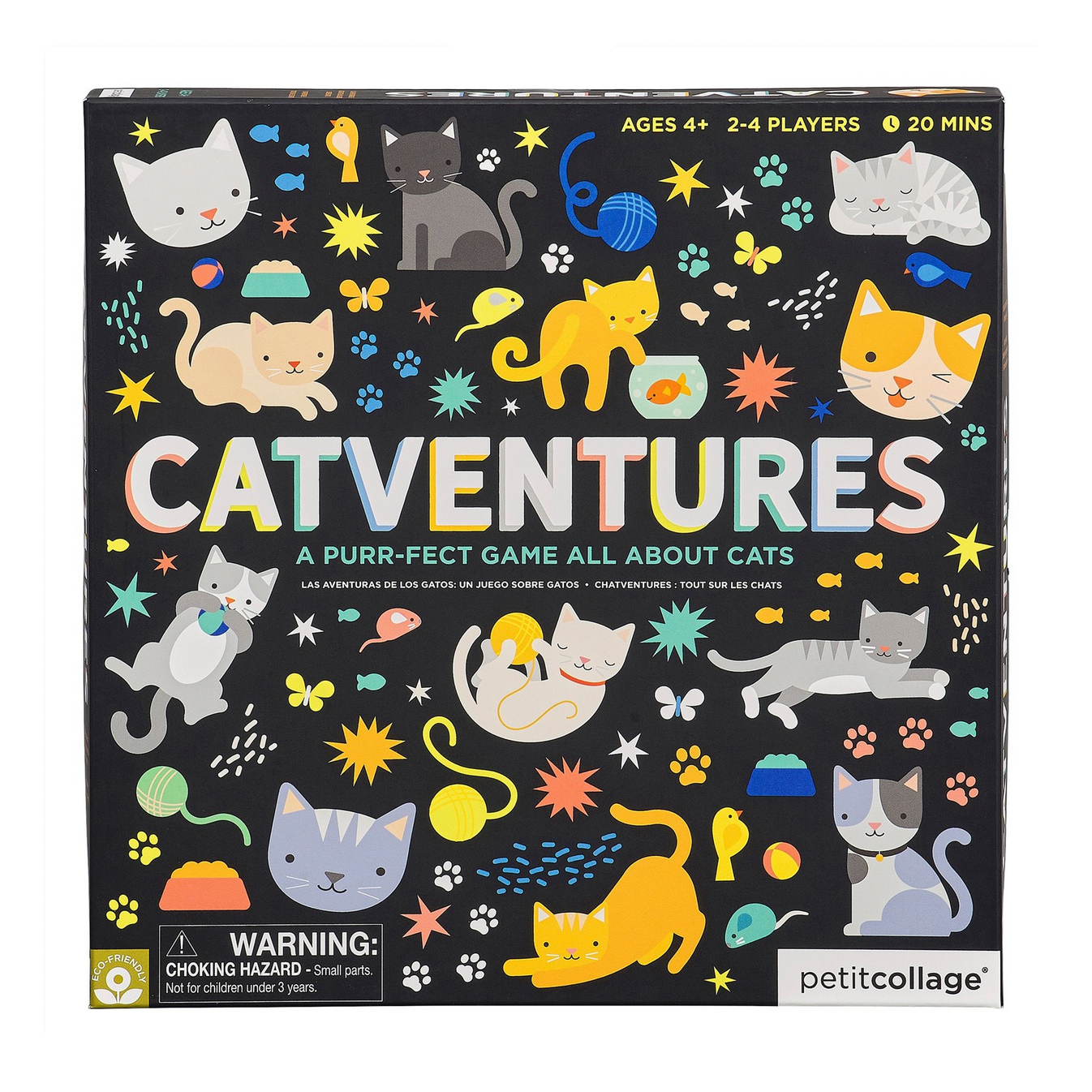 Board game box titled 'Catventures' with colorful cat illustrations on a white background.