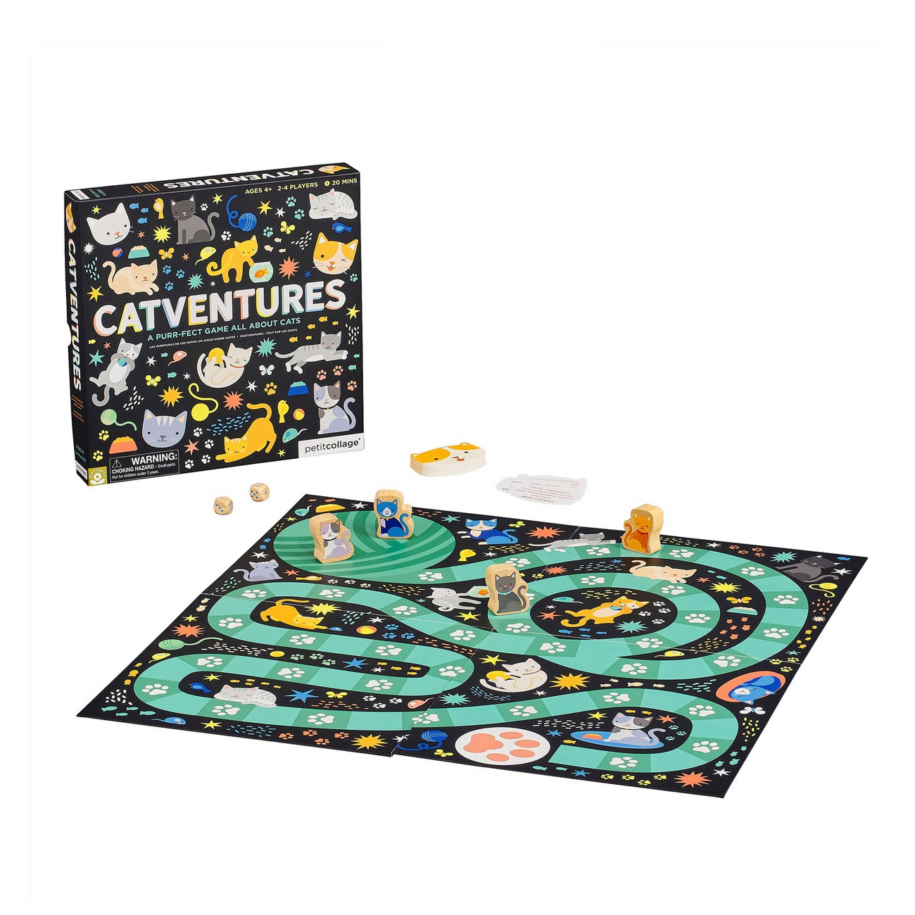 Board game set with 'Catventures' packaging on a white background