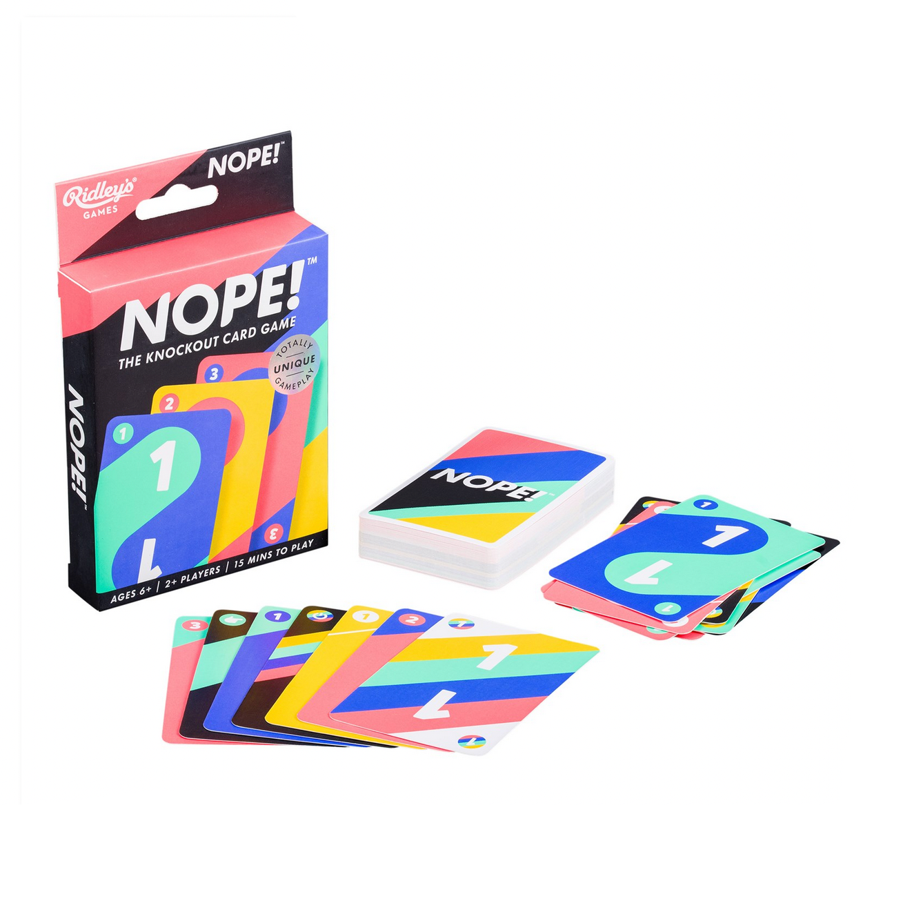NOPE! card game packaging with colorful cards on a white background