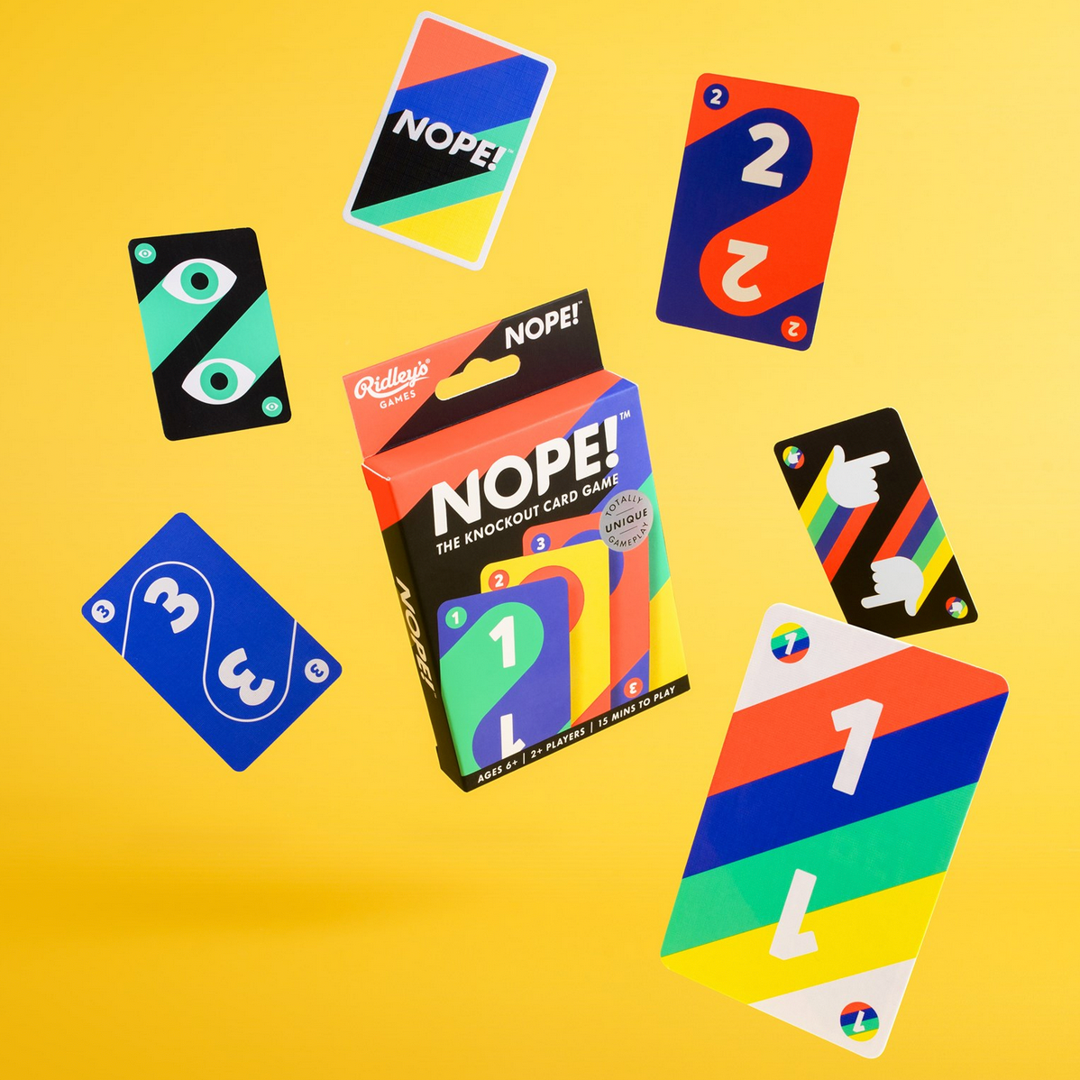 Colorful card illustrations with 'NOPE!' branding on a yellow background