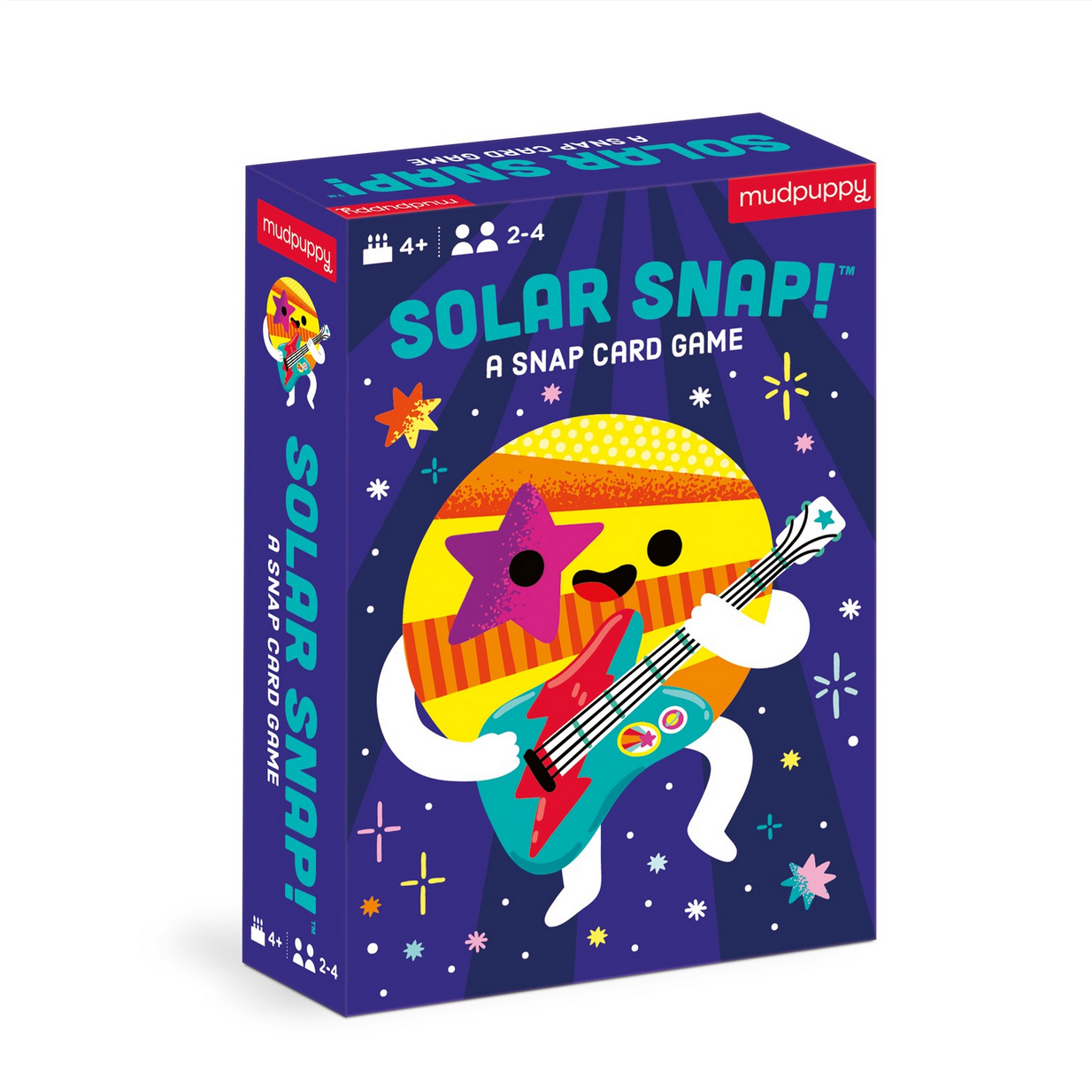 Colorful card game box titled 'Solar Snap!' with a cartoon character playing guitar on a purple background.