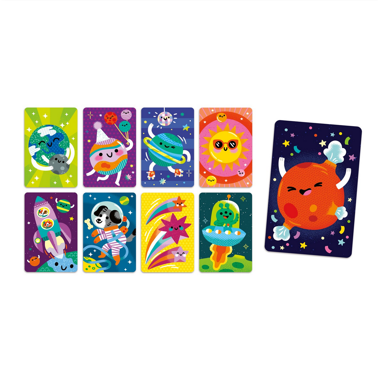 Set of colorful children's cards with cartoon characters on a white background