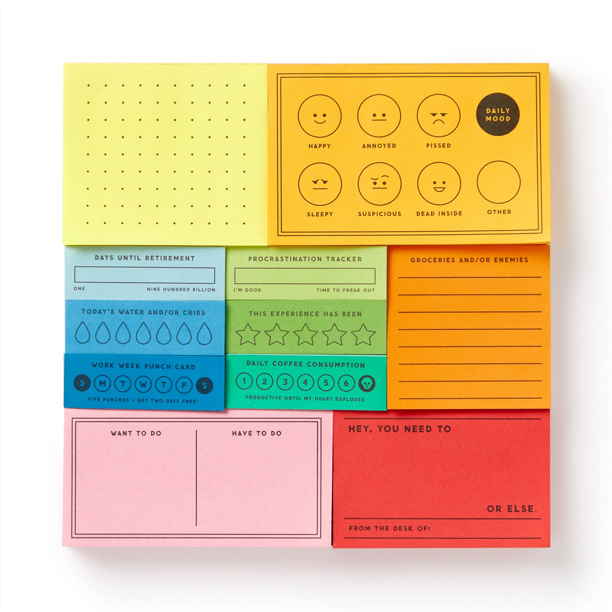 Colorful notepad with various sections and icons on a white background