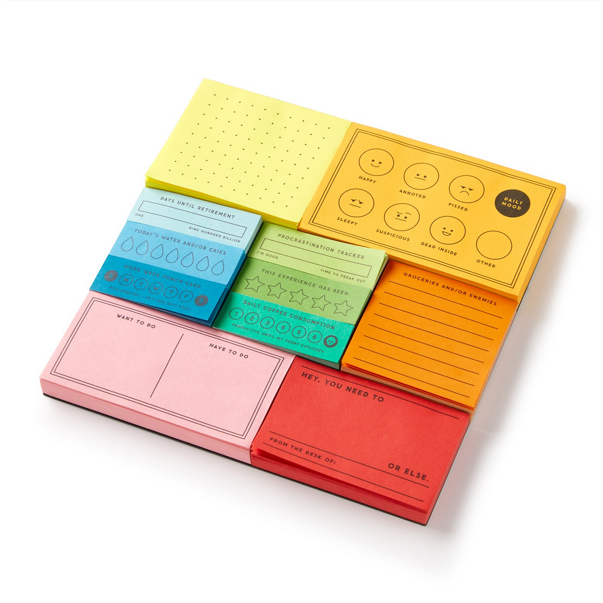 Set of colorful sticky notes with different designs on a white background