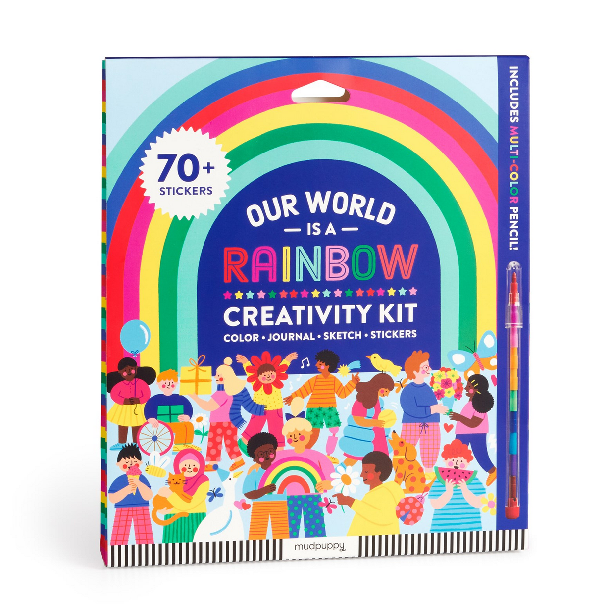 Creativity kit packaging with colorful design and rainbow elements on a white background