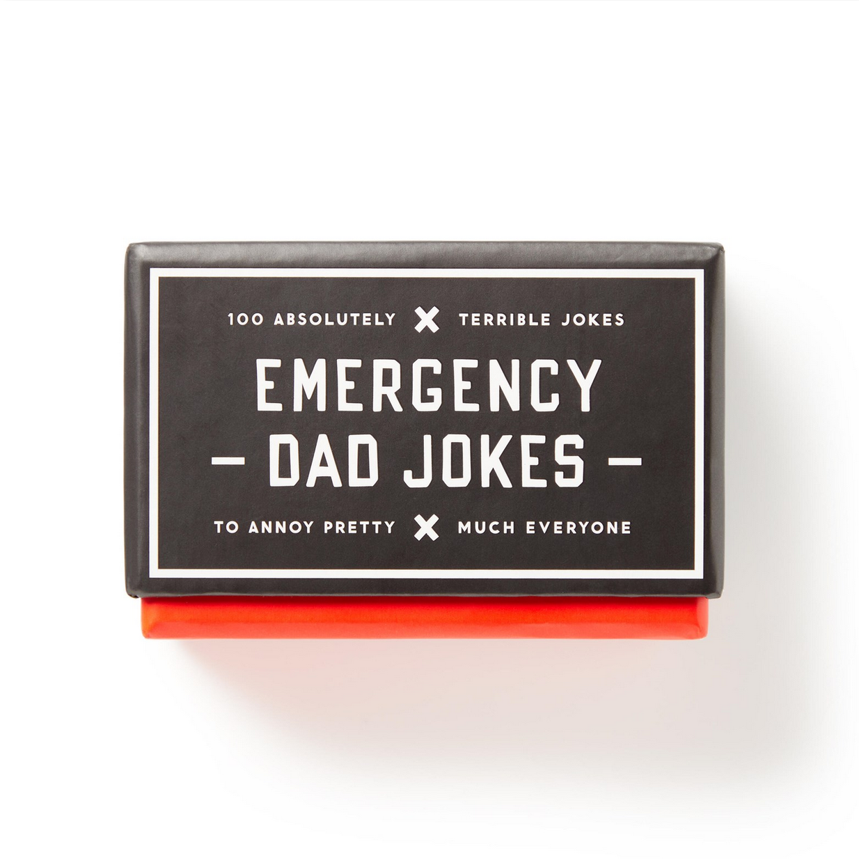 Box of 'Emergency Dad Jokes' on a white background