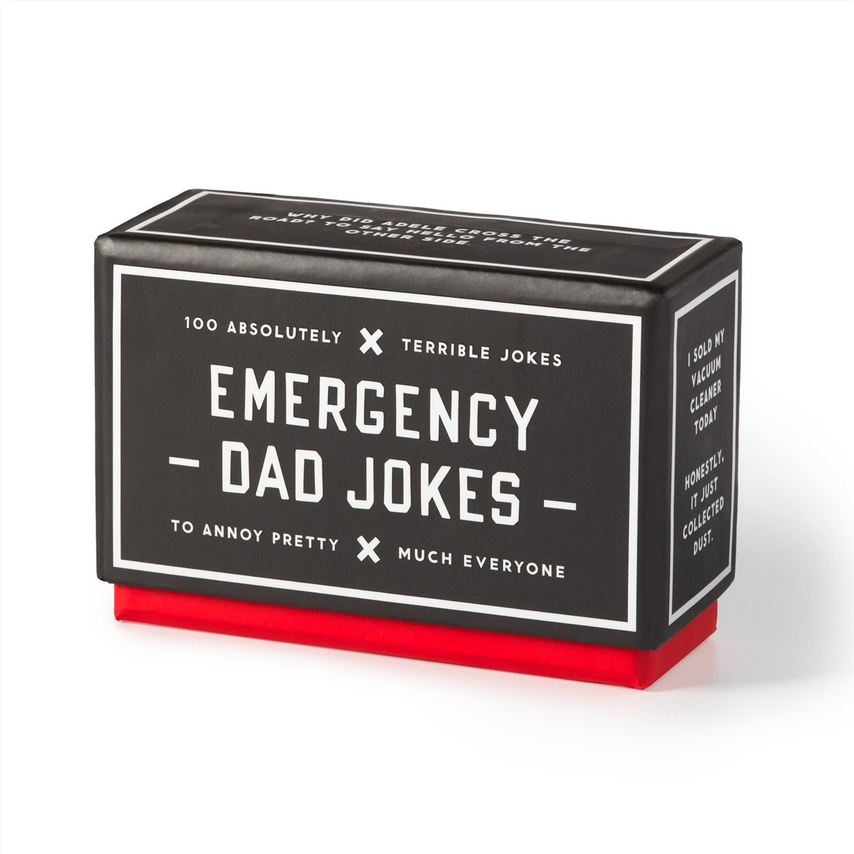 Box of 'Emergency Dad Jokes' on a white background