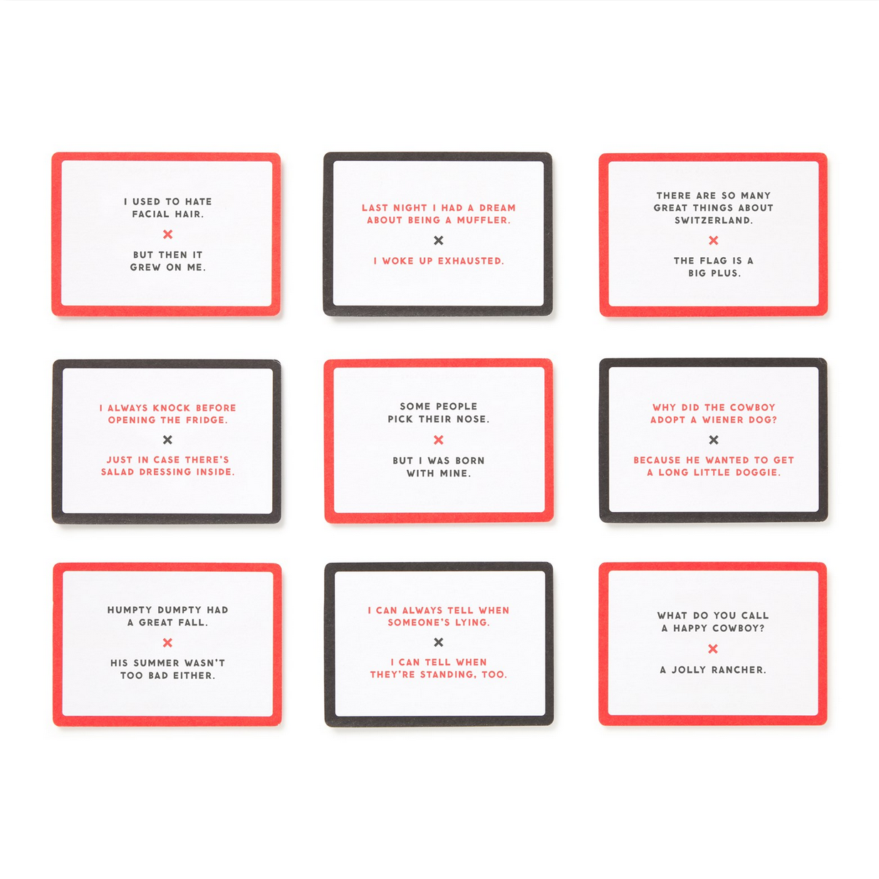 Set of humorous text cards with red borders on a white background