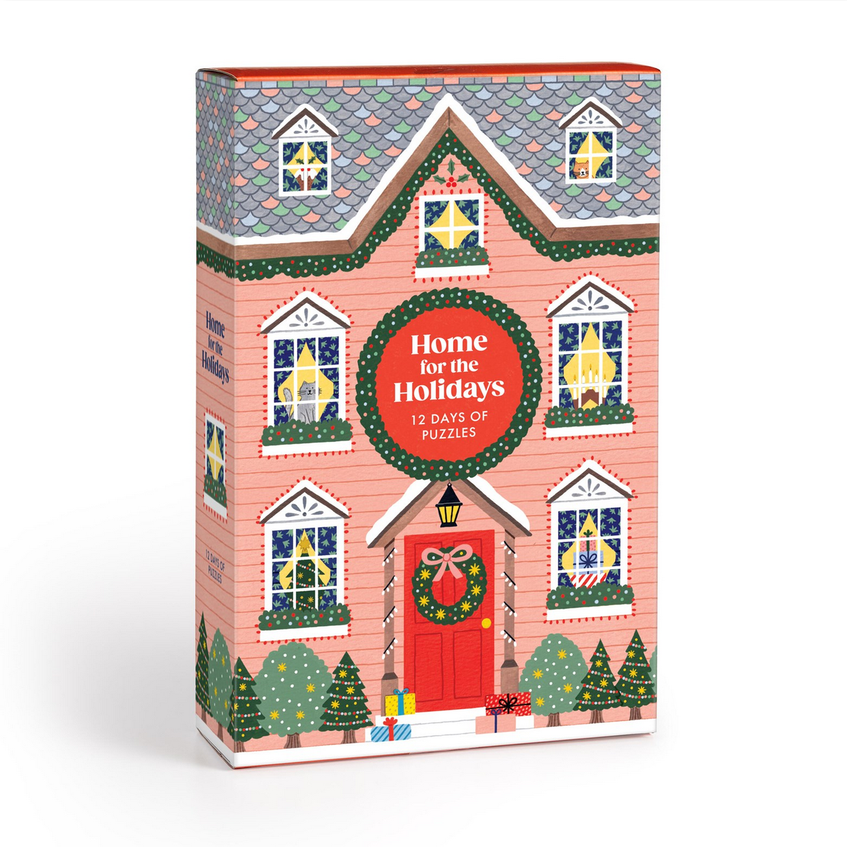 Box of 'Home for the Holidays' 12 days of puzzles with a festive house design.