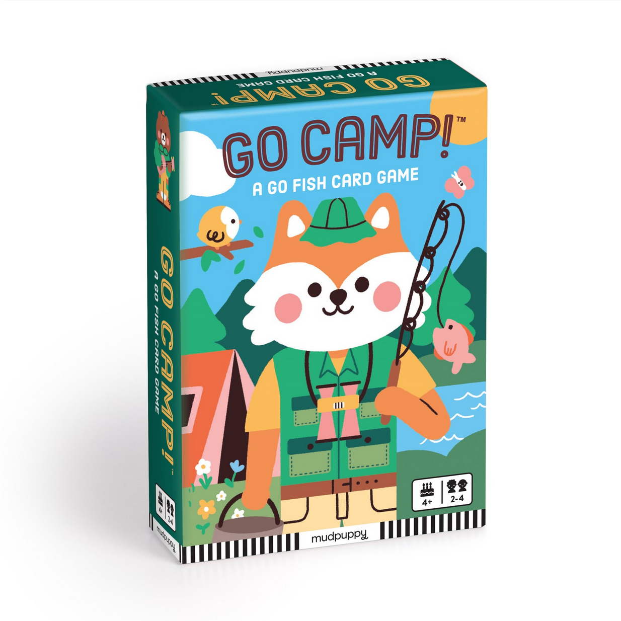 Card game box titled 'GO CAMP!' with a cartoon fox character on a white background