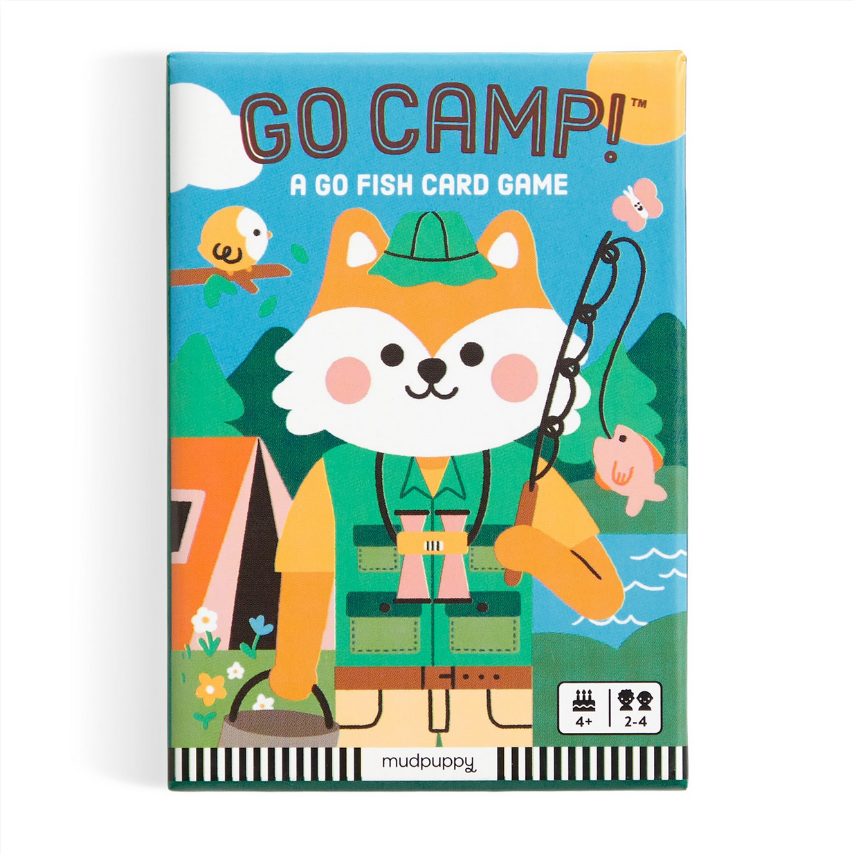 Card game box titled 'Go Camp!' with a cartoon fox character on a white background
