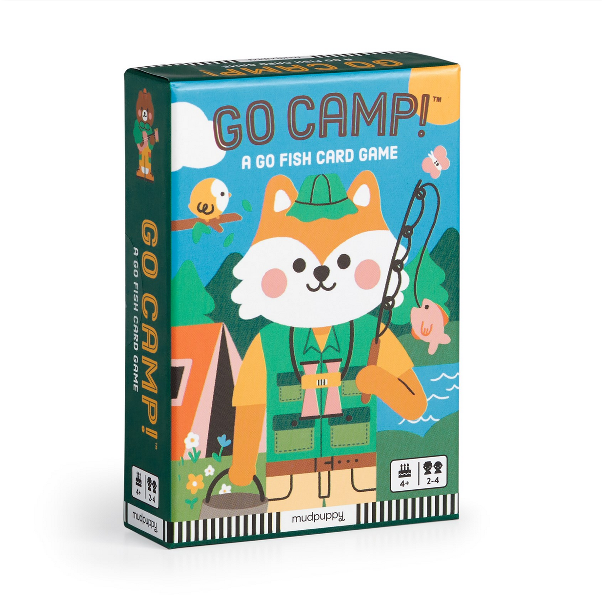 Card game box titled 'Go Camp!' with a cartoon fox character on a white background