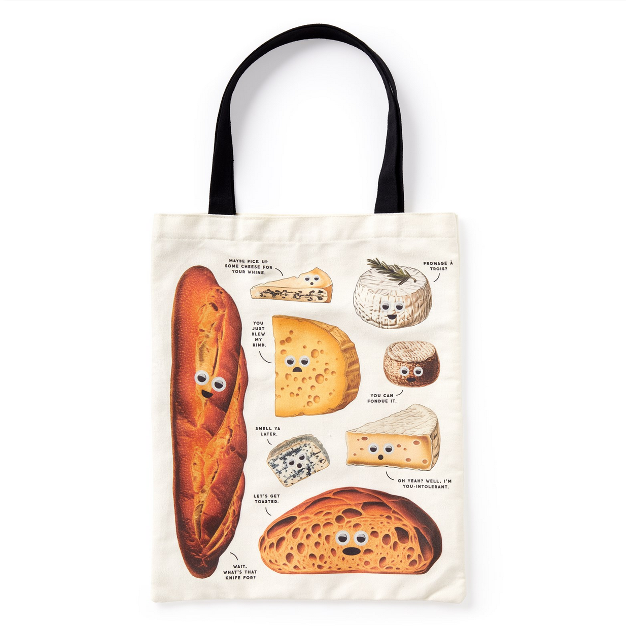 Tote bag with bread and cheese illustrations on a white background