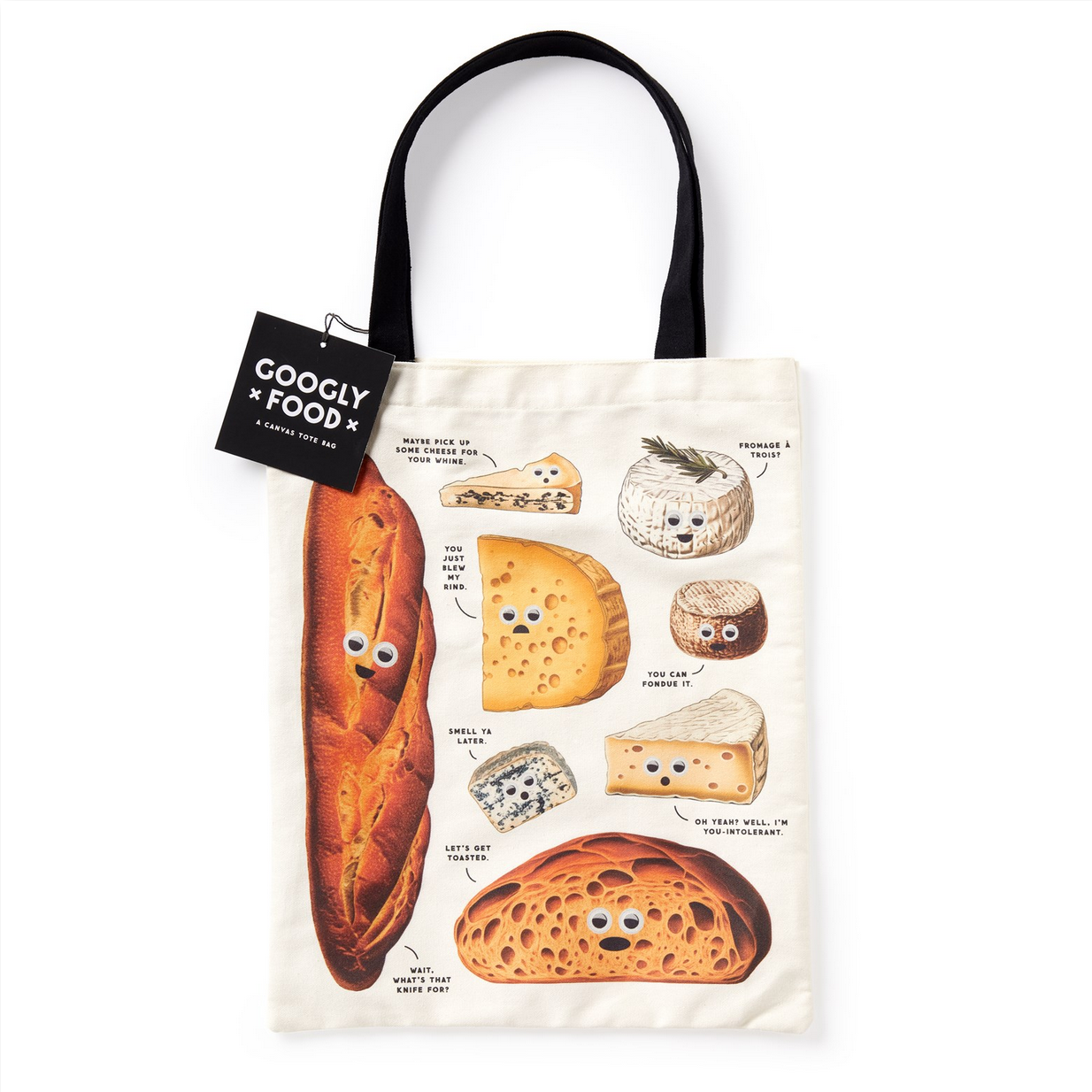 Tote bag with bread and cheese design on a white background