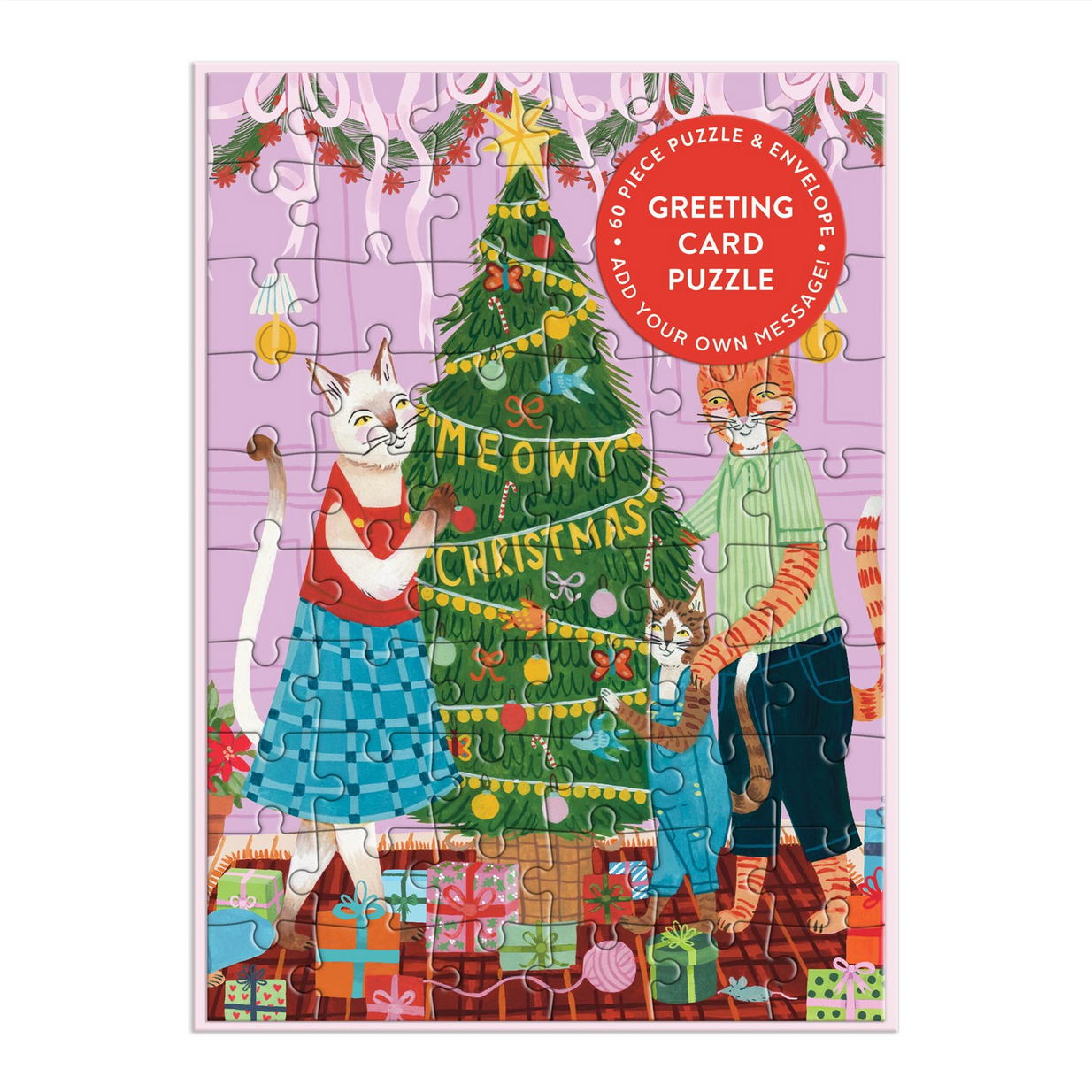 Greeting card puzzle with Christmas theme featuring cats around a decorated tree.