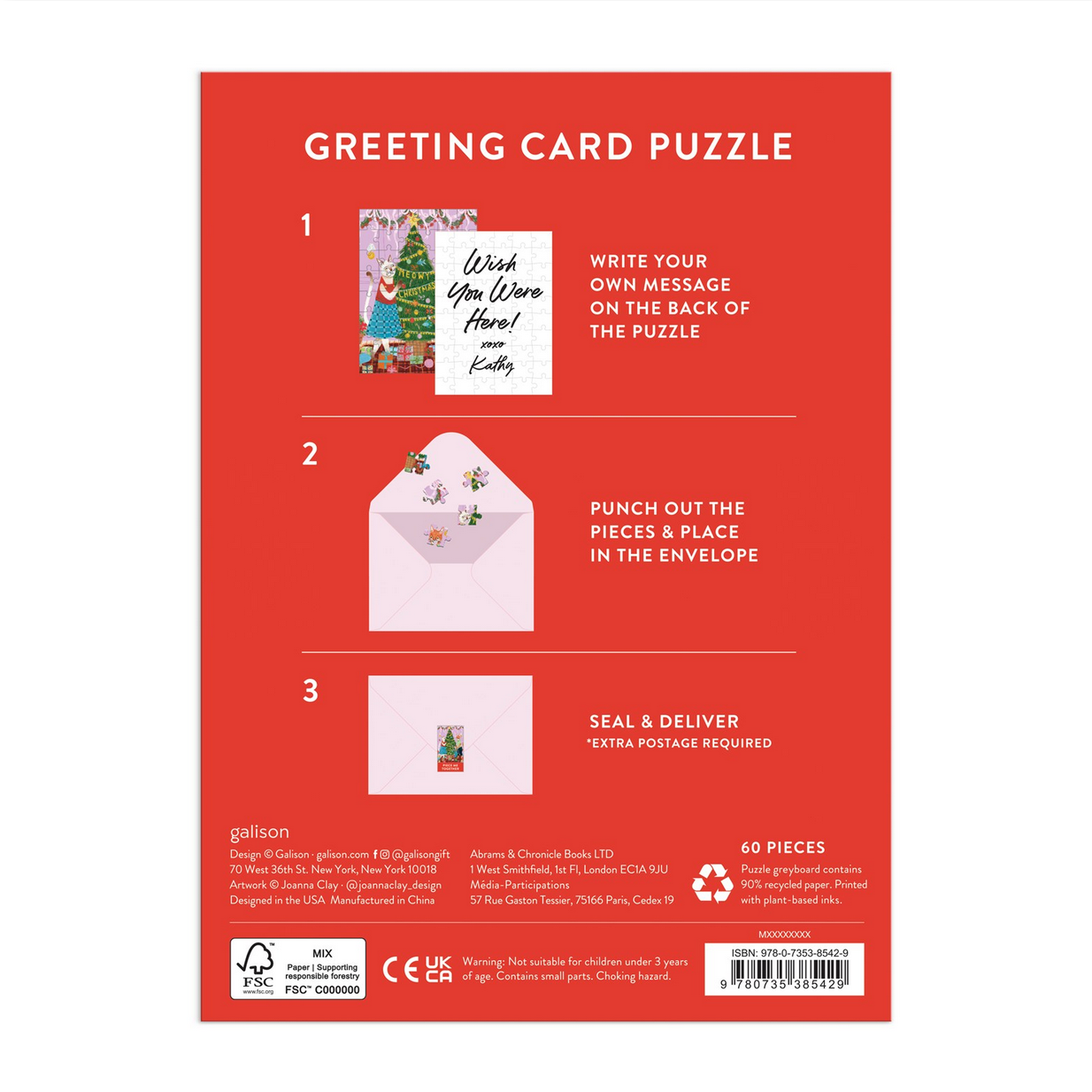 Greeting card puzzle packaging with instructions on a red background