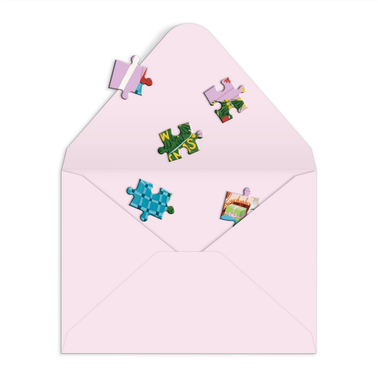 Pink envelope with colorful puzzle pieces on a white background