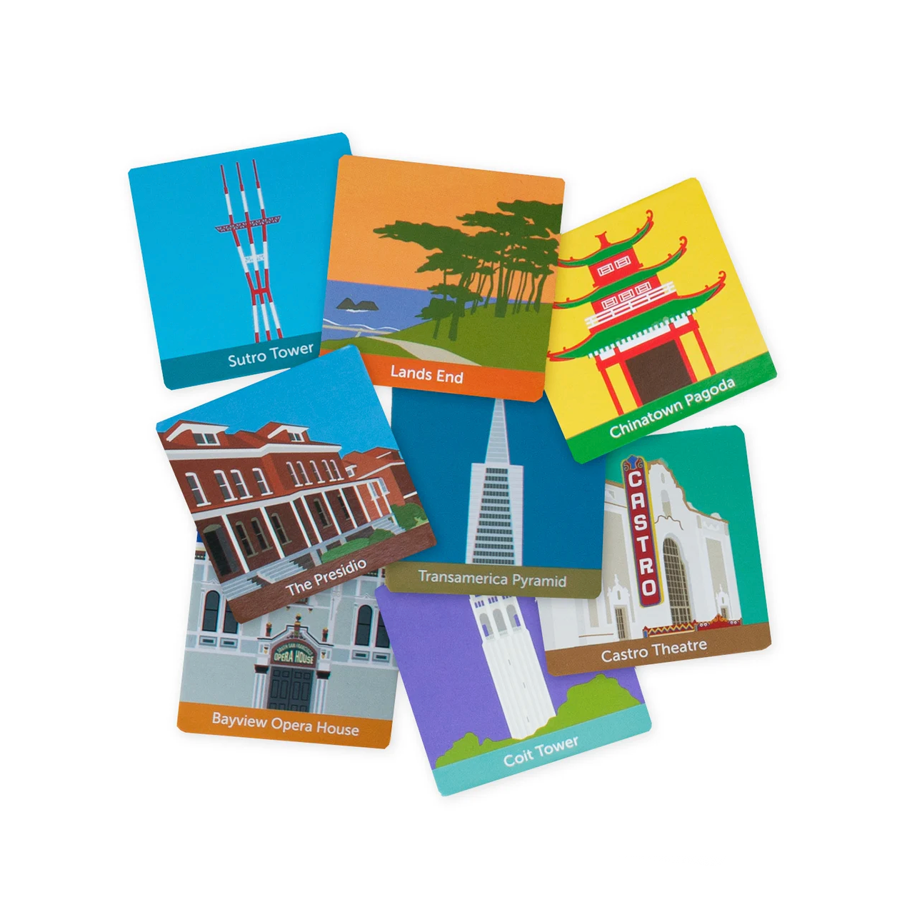 Set of colorful cards with san francisco landmarks 