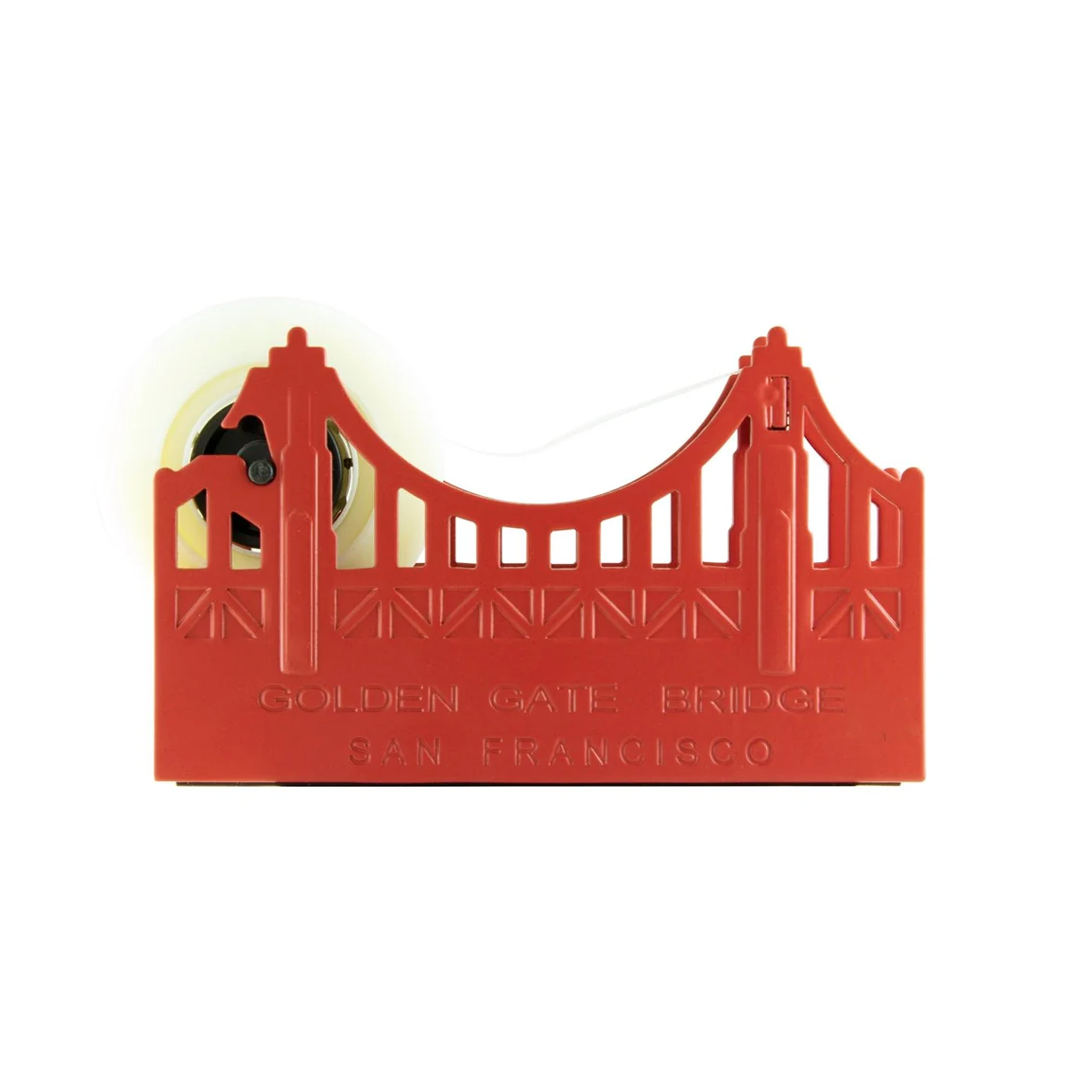 Red tape dispenser shaped like the Golden Gate Bridge