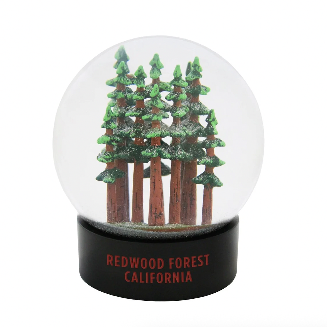 Snow globe with forest design and 'Redwood Forest, California' text on a white background