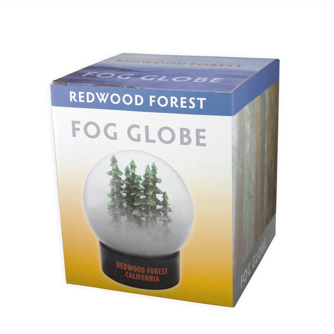 Box packaging of a Redwood Forest Fog Globe on a white background