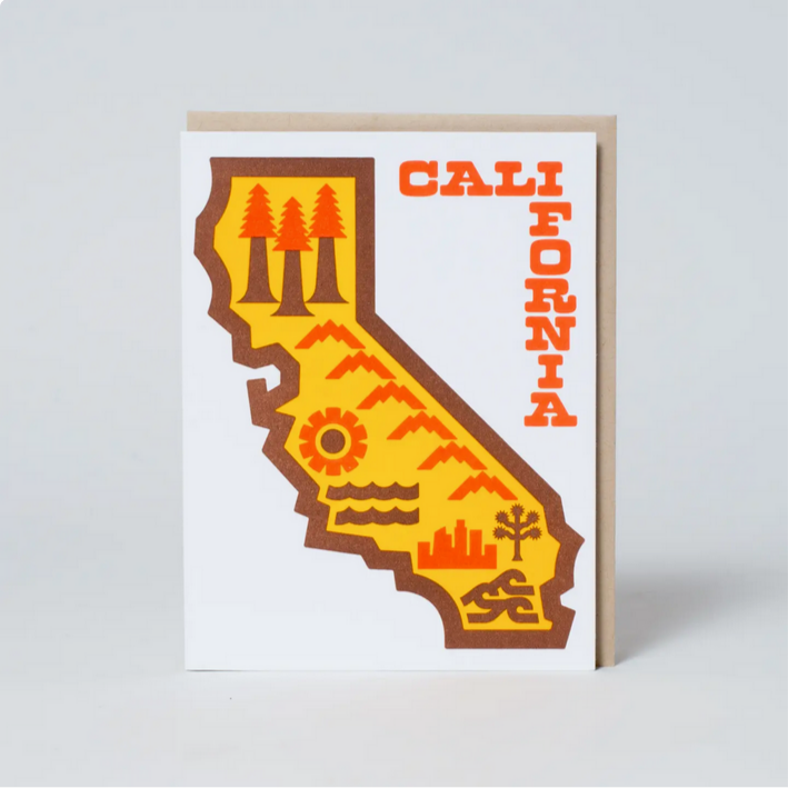 Card with a stylized map of California featuring trees, mountains, and icons on a white background.