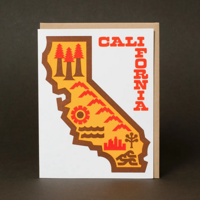 Card with a stylized map of California featuring trees, mountains, and beaches on a white background.