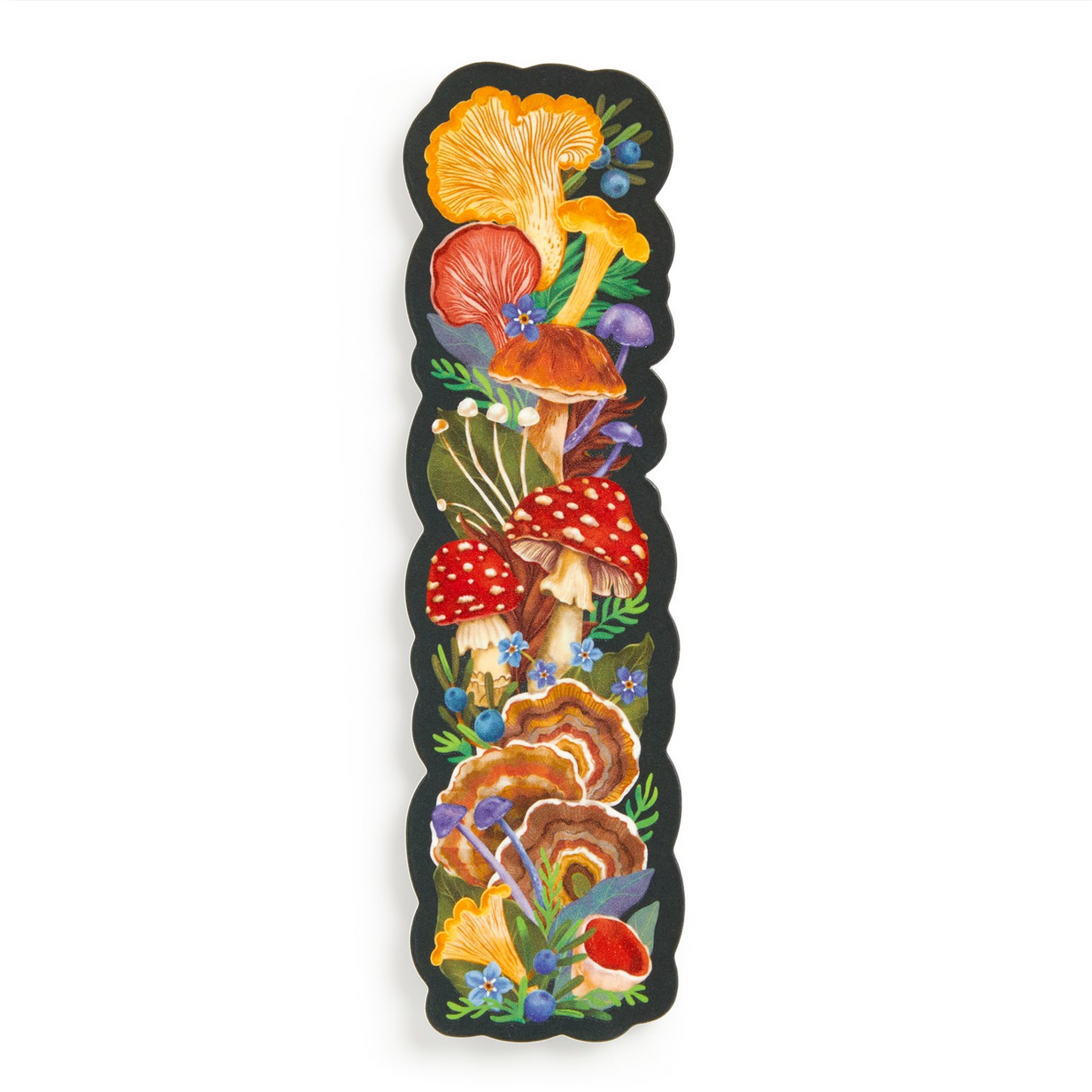 Decorative bookmark with colorful mushrooms and foliage on a white background