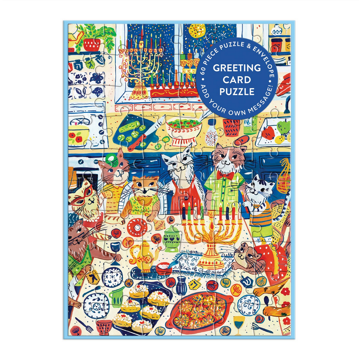 Greeting card puzzle with colorful design featuring animals and festive elements.