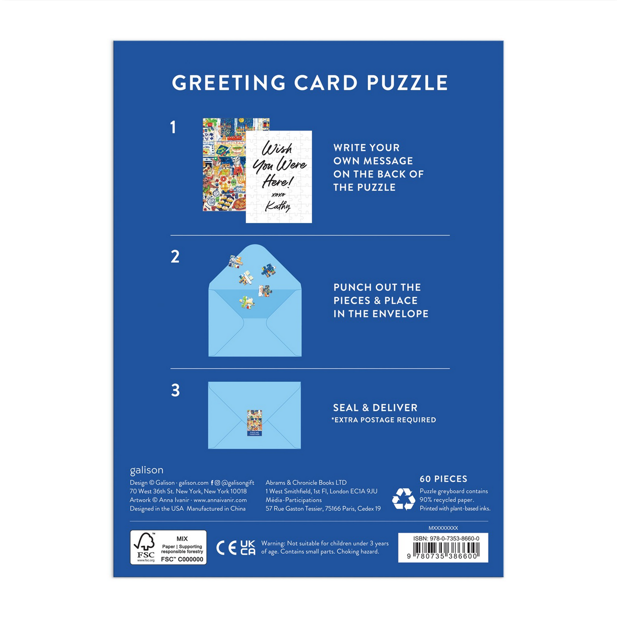 Greeting card puzzle packaging with instructions on a blue background
