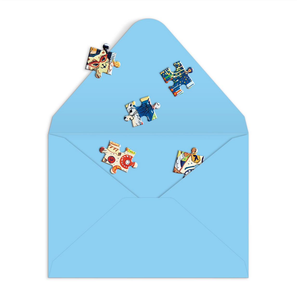 Set of colorful puzzle pieces on a light blue envelope