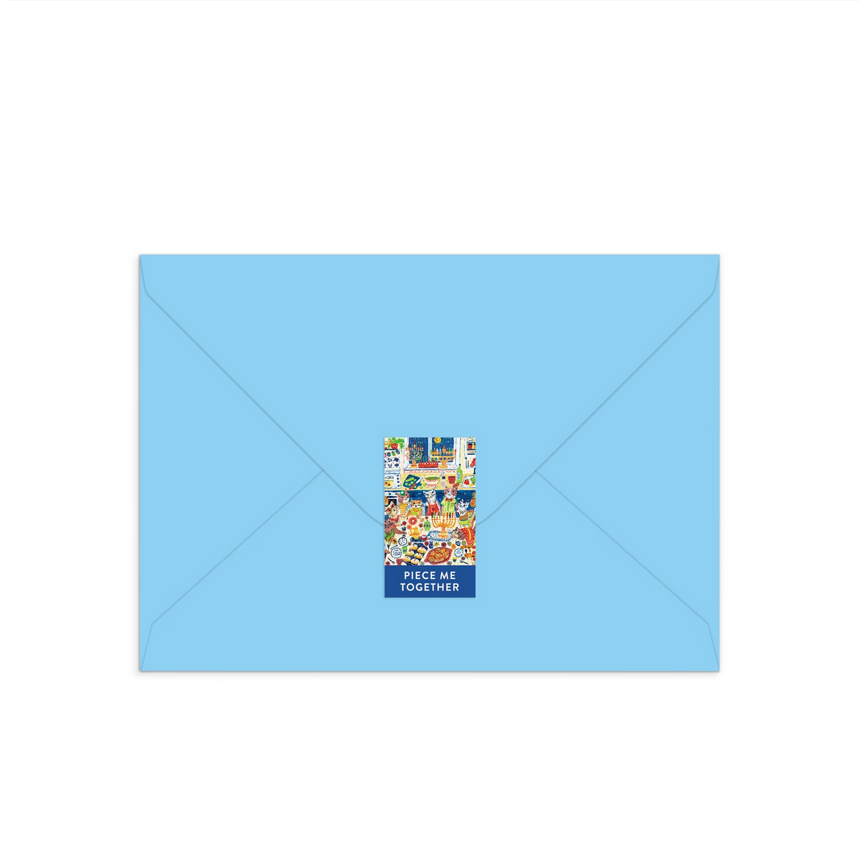 Blue envelope with a colorful postage stamp design on a white background