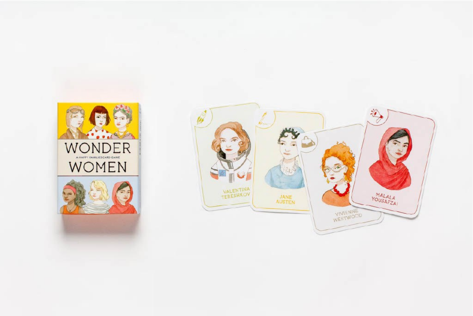 Box of 'Wonder Women' cards with illustrated portraits on a white background