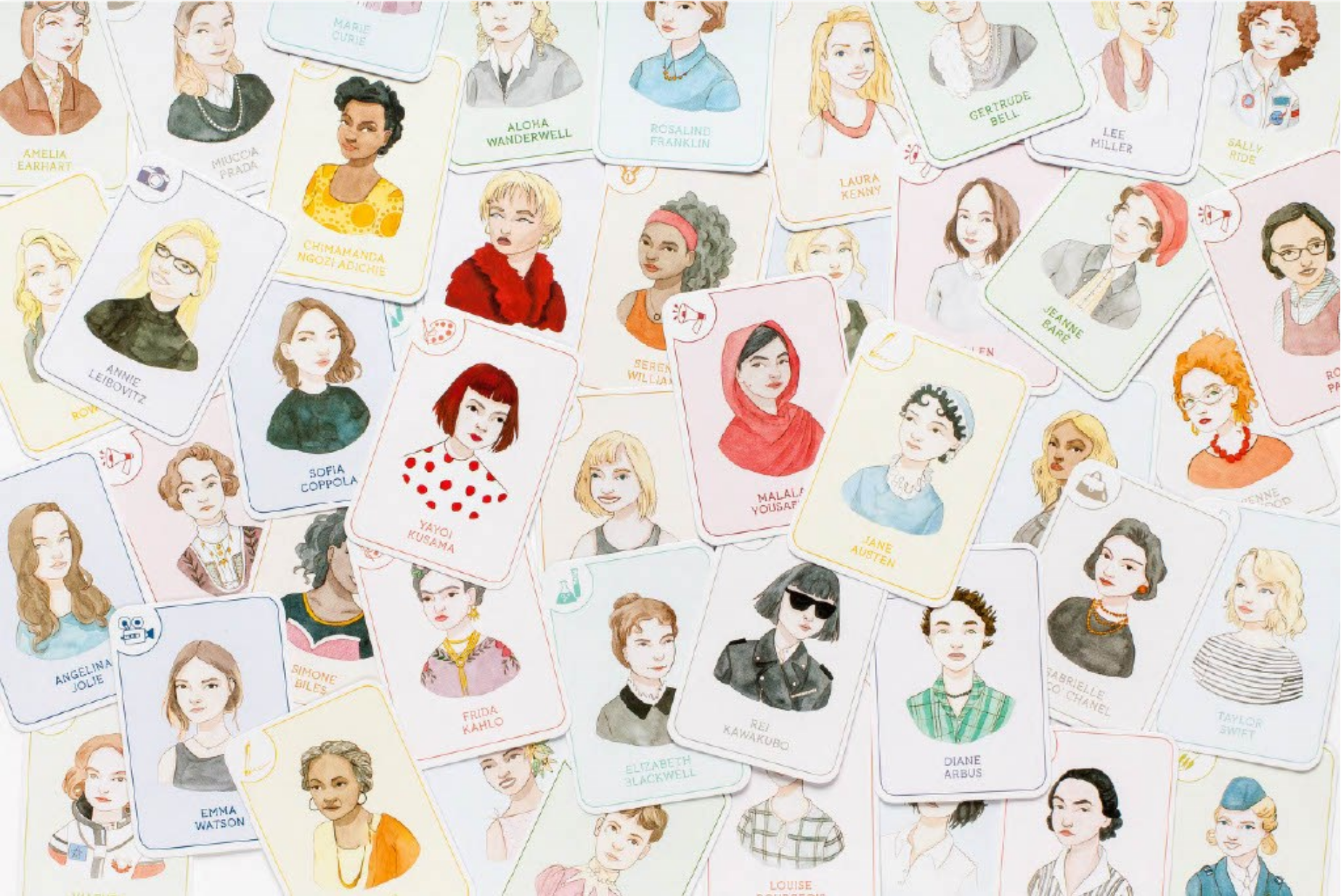 Collection of cards with illustrated portraits of people on a white background