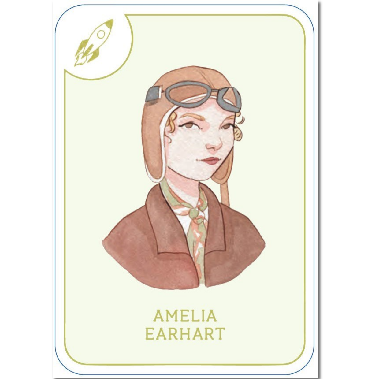 Card featuring a portrait of Amelia Earhart with goggles on a light green background