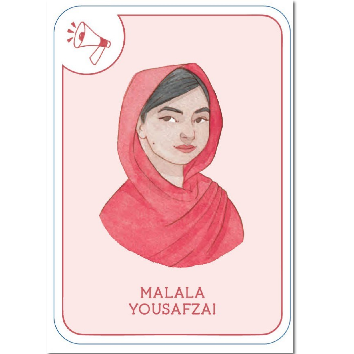 Card with a portrait of Malala Yousafzai wearing a pink hijab on a light pink background.