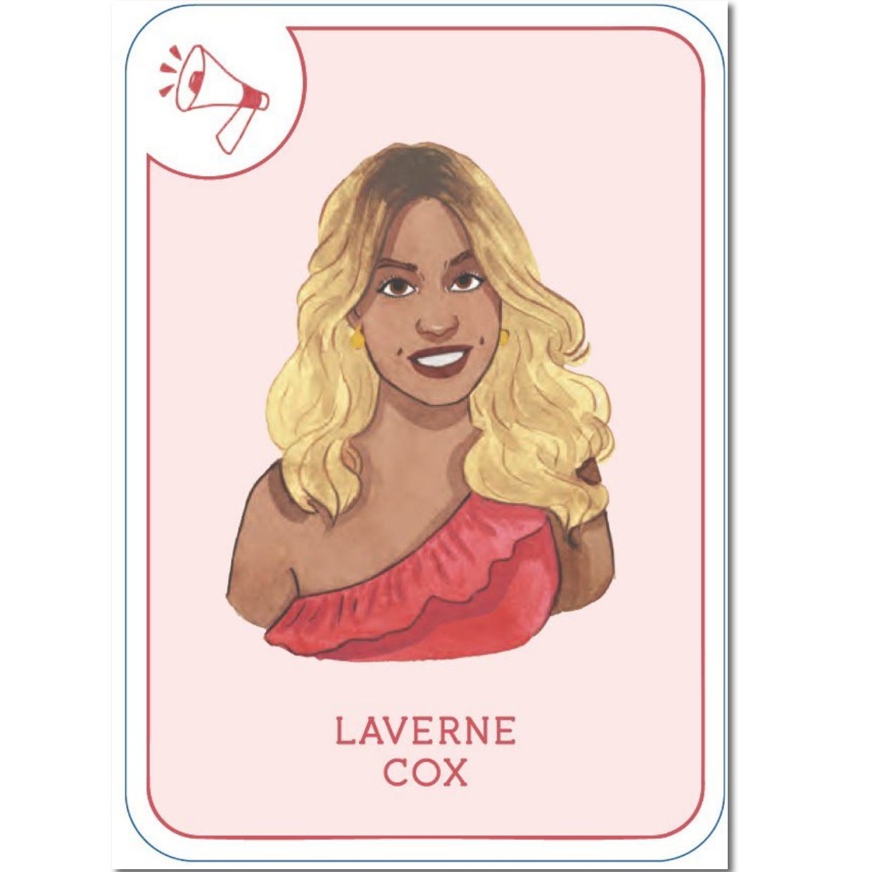 Card with a portrait of Laverne Cox on a pink background