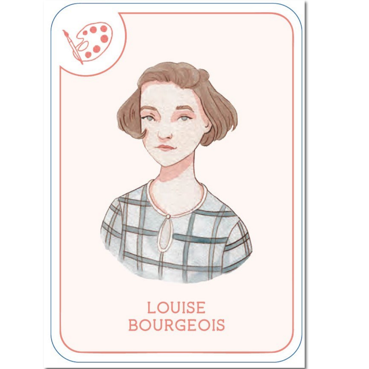 Card with a portrait of Louise Bourgeois and a checkered dress on a white background